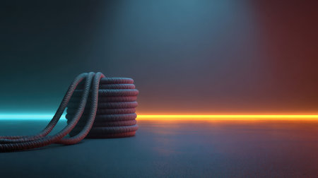 This artistic composition features a coiled rope against a minimalist background, enhanced by vibrant colored lighting. Perfect for themes of creativity and design.の素材