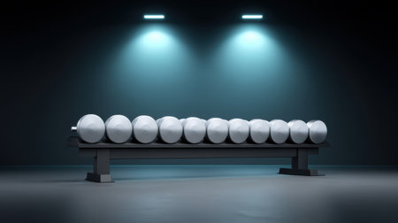 A sleek and modern gym interior featuring a minimalist dumbbell rack with identical weights, highlighted by soft, dramatic lighting against a dark backdrop.の素材
