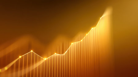 This captivating abstract image features a glowing line graph illustrating an upward trend, set against a warm golden background. Perfect for finance themes.の素材