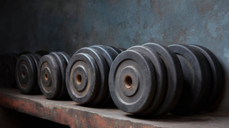 A close-up view of a row of black dumbbells arranged neatly on a wooden shelf, set against a dark textured wall, highlighting fitness and strength training essentials.の素材