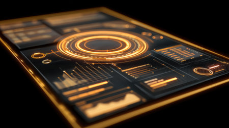 This image features a futuristic digital dashboard interface showcasing data visualization tools in vibrant orange, set against a sleek dark background.の素材