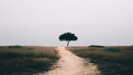 This tranquil landscape features a solitary tree on a dirt path, surrounded by lush grass, under a soft and overcast sky, offering a serene natural escape.の素材