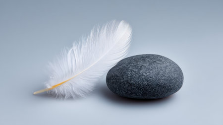 A serene composition featuring a delicate white feather alongside a smooth dark stone, set against a soft gray background, embodying tranquility and balance.の素材