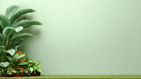 This image showcases a serene indoor scene featuring lush green plants against a soft light green wall, creating a calming and vibrant atmosphere perfect for home decor.の素材