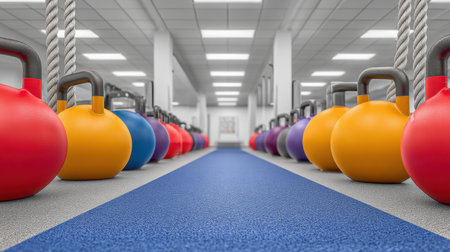 A visually striking image showcasing colorful kettlebells arranged neatly in a well-lit gym, emphasizing motivation for fitness enthusiasts and aiding exercise routines.の素材