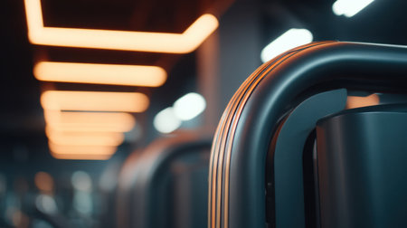 A captivating glimpse of modern gym equipment showcasing sleek design elements in an inviting fitness center, illuminated by stylish lighting for motivation and energy.の素材
