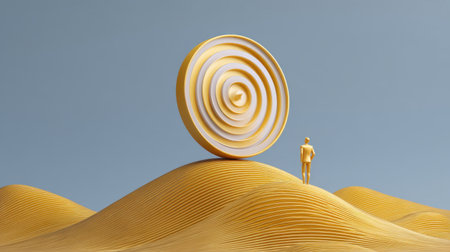 A surreal and vibrant scene depicting a lone figure standing before a monumental spiral target, symbolizing ambition and the journey toward achieving dreams in a desert landscape.の素材
