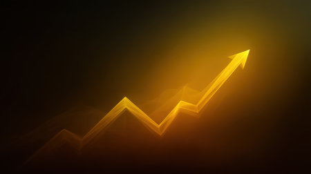 This abstract image features a golden arrow on a dark background, symbolizing growth and progress. Ideal for business and finance themes, it conveys motivation and success.の素材