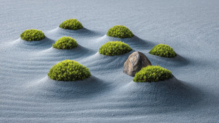 This tranquil image showcases a minimalist zen garden featuring rippled sand and vibrant green moss clusters, evoking peace and harmony in nature.の素材