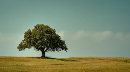 A stunning solitary tree stands proudly on a wide-open meadow, surrounded by lush grass under a bright blue sky, portraying peace in nature's beauty.の素材