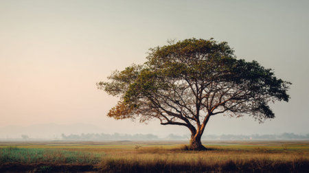 A beautiful solitary tree stands in a wide-open field, illuminated by soft sunset light with gentle hues in the sky, evoking feelings of peace and tranquility.の素材