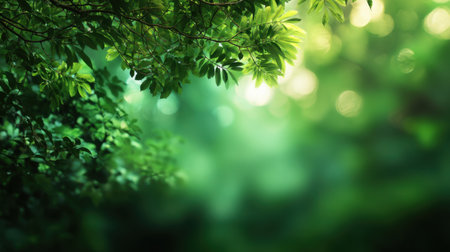 This image features lush green leaves with sunlight gently filtering through the dense foliage, evoking a serene and tranquil atmosphere in a vibrant forest setting.の素材