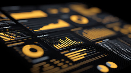 Modern data visualization design featuring bright yellow graphs and charts on a sleek black background. Ideal for presentations related to business, finance, and technology.の素材
