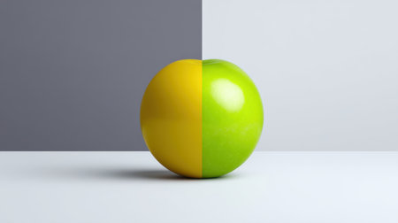 A striking visual of a half yellow and half green apple resting on a clean surface, showcasing simplicity and vibrant colors, ideal for lifestyle and culinary themes.の素材