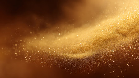 Enchanting image of swirling gold dust particles creating a dreamy cosmic feel, showcasing warm hues and a shimmering texture in an ethereal background.の素材