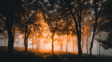 A captivating scene of a foggy forest where warm orange light filters through the trees, creating an enchanting and serene atmosphere that invites reflection.の素材