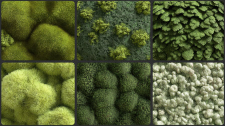 A collection of rich green textures showcasing various moss and foliage types. Ideal for nature-inspired designs, backgrounds, and eco-friendly projects.の素材