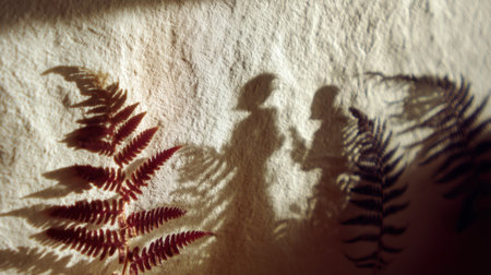Captivating interplay of light and shadow creates a stunning display of fern patterns against a textured surface, evoking a sense of calm and creativity.の素材