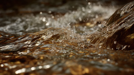 This close-up image captures the beauty of water flowing over rugged rocks, highlighting sparkling droplets and gentle ripples, creating a tranquil and refreshing natural scene.の素材