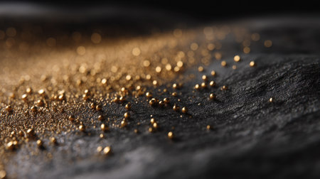Stunning close-up image of shimmering golden particles scattered on a dark surface, evoking themes of luxury, elegance, and artistic beauty in photography.の素材