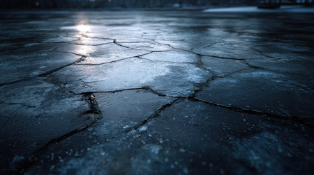 This image captures a close-up view of a cracked ice surface on a frozen lake, with a soft light reflection enhancing the tranquil winter landscape.の素材