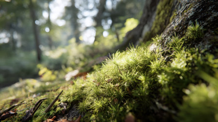 Explore a serene forest scene featuring lush green moss blanketing the earth, illuminated by soft sunlight, creating a tranquil atmosphere in nature.の素材