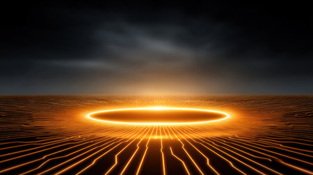 This striking image features a radiant circular glow set against a dark, atmospheric background, symbolizing innovation and futuristic technology within a digital landscape.の素材