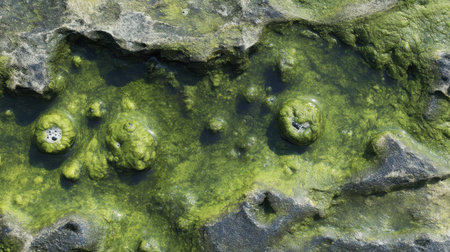 This close-up image features a textured rock surface adorned with vibrant green algae and small bubbles, showcasing natureの素材