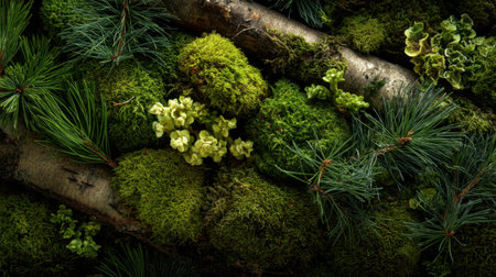Discover the tranquil beauty of lush green moss and vibrant pine needles resting on textured tree trunks, creating a serene forest atmosphere filled with natural charm.の素材