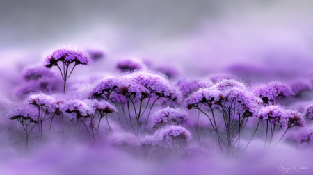 A serene collection of delicate purple flowers emerges from a soft mist, creating a dreamlike atmosphere that highlights the tranquility and beauty of nature.の素材