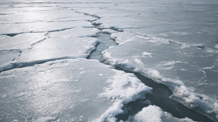 A striking frozen landscape showcasing cracked ice and snow on a calm winter day. The sunlight reflects on the icy surface, creating a serene scene in nature.の素材