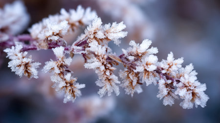 A captivating close-up image of a frosty branch adorned with delicate ice crystals, showcasing the beauty and elegance of winter in a natural setting.の素材