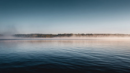 A serene landscape showcasing the still waters of a lake enveloped in gentle morning mist, reflecting the soft hues of dawn and evoking a sense of calm.の素材