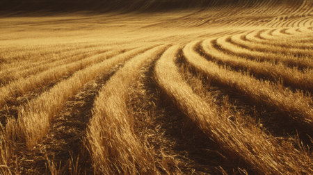 This stunning image captures a golden wheat field at dusk, showcasing the gentle curves and textures of the land bathed in warm sunlight, evoking serenity.の素材