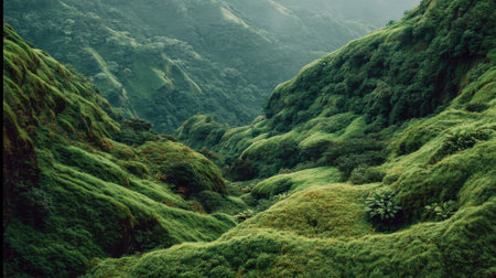 Explore a captivating landscape of lush green hillsides covered in dense vegetation, creating a serene atmosphere enhanced by soft fog, perfect for nature lovers.の素材