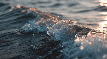 Close-up of ocean waves glistening under warm sunlight. The image captures the fluid movement and natural beauty of water, evoking feelings of calm and peace.の素材