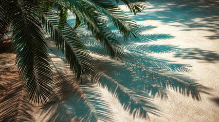A tranquil scene showcasing palm leaves casting intricate shadows on a sandy surface, evoking a serene atmosphere perfect for relaxation and summer vibes.の素材