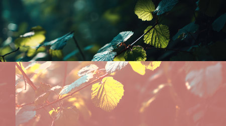 A captivating close-up of vibrant green leaves illuminated by sunlight, showcasing intricate textures and patterns in a serene forest environment.の素材