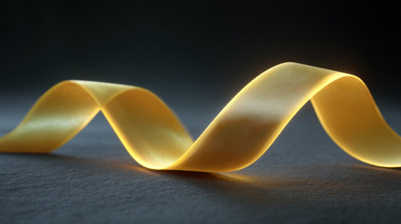 A vibrant yellow ribbon undulates gracefully across a dark background, showcasing soft waves and gentle light reflections, ideal for creative and artistic projects.の素材