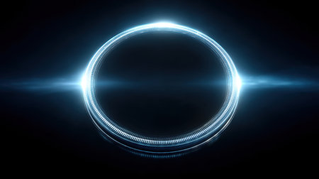This abstract image features a luminous circular frame design with radiant light effects against a pitch-black background, ideal for various digital art and graphic projects.の素材