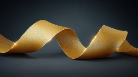 This stunning gold ribbon gracefully twists against a dark background, showcasing shimmering light reflections and an elegant design perfect for modern artistic concepts.の素材