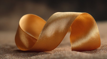 A beautiful golden ribbon lies gracefully across a surface, exhibiting its soft sheen and rich texture, perfect for festive decorations and elegant presentations.の素材