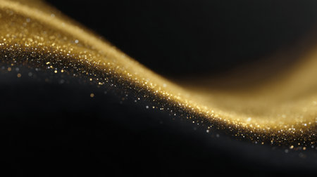 This image features a mesmerizing wave of golden glittering particles against a dark background, ideal for themes of luxury, elegance, and artistic inspiration.の素材