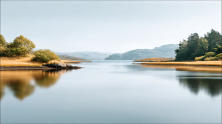 A serene landscape featuring a peaceful lake that mirrors the golden grass and distant hills under a clear sky, creating a picturesque natural setting for relaxation.の素材