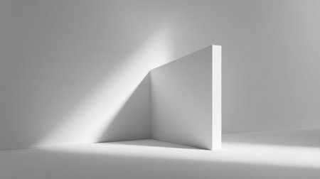 This image showcases a minimalist abstract composition featuring a white wall illuminated by natural light, creating elegant shadows in a serene, empty space.の素材