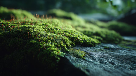 Immerse yourself in the beauty of nature with this close-up view of vibrant green moss covering ancient rocks. Enjoy the tranquility and serenity of an enchanted forest setting.の素材