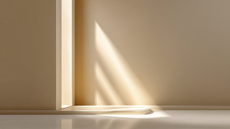 A tranquil interior scene featuring soft sunlight pouring through an open doorway, highlighting minimalistic design elements and creating a serene atmosphere.の素材