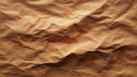 A warm and inviting crumpled brown paper surface featuring rich textures and subtle shadows, perfect for backgrounds in various design and artistic projects.の素材