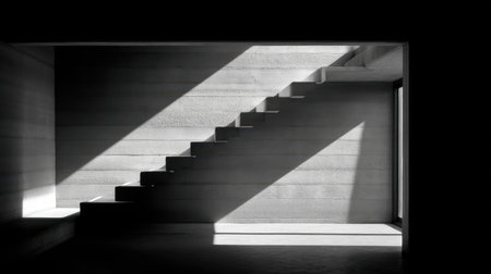 A stunning black and white image showcasing minimalist interior design with concrete stairs casting dramatic shadows in a modern architectural space.の素材
