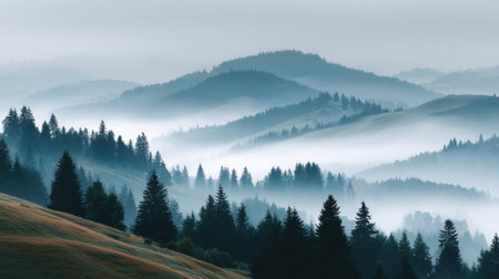 Serene landscape featuring rolling hills enveloped in mist, showcasing dense pine trees against a backdrop of tranquil morning light and soft fog.の素材